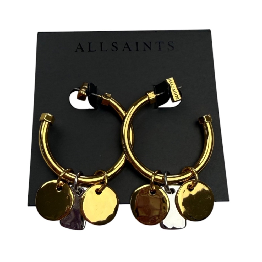 AllSaints Womens Chunky Gold & Silver Tone Edgy Modern Charm Hoop Earrings